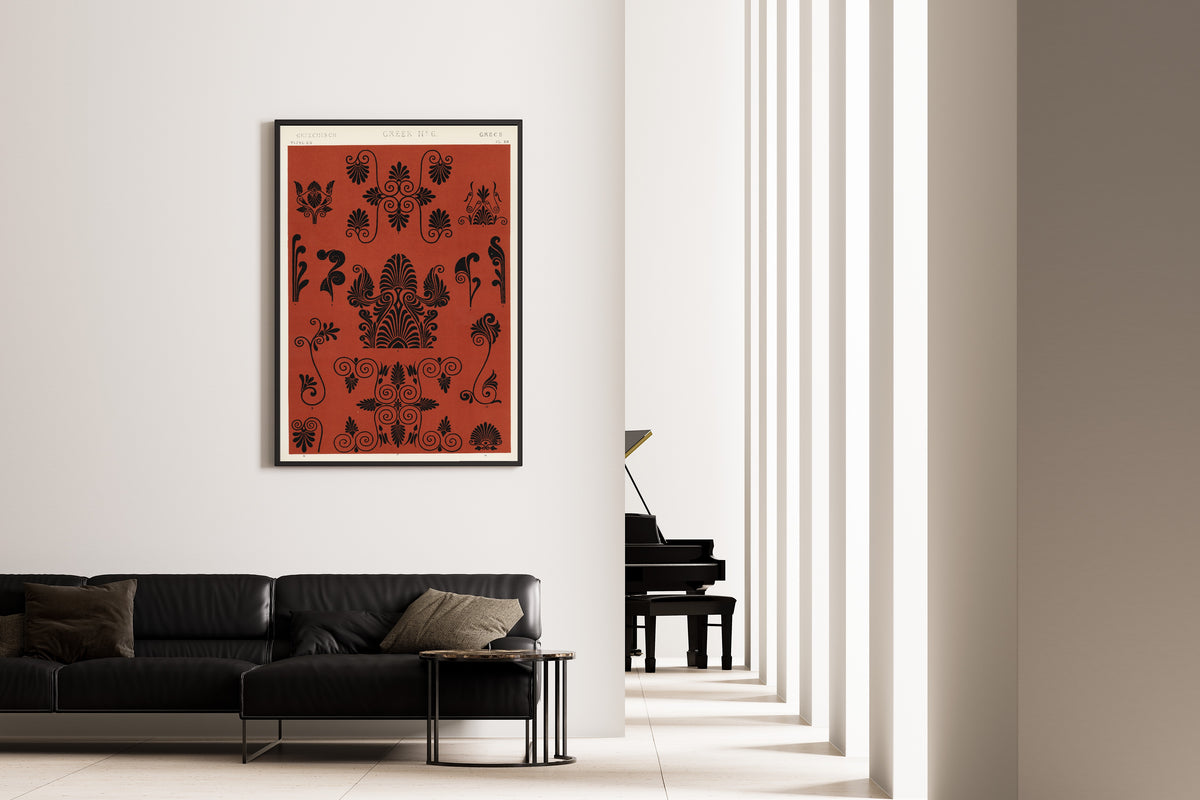 Greek No. 6 by Owen Jones — framed on the wall of a minimal living room