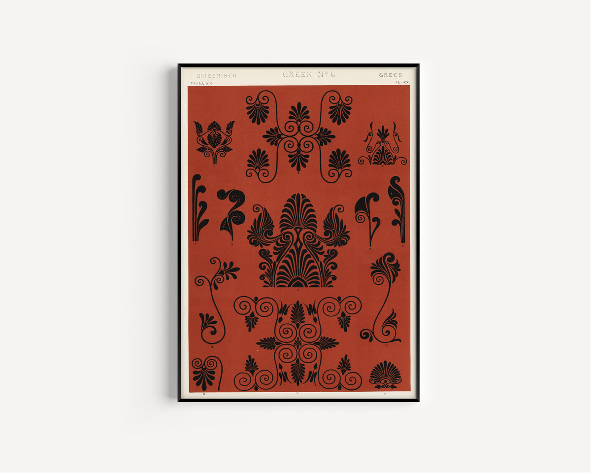 Greek No. 6 by Owen Jones — in a slim black frame on a plain white wall