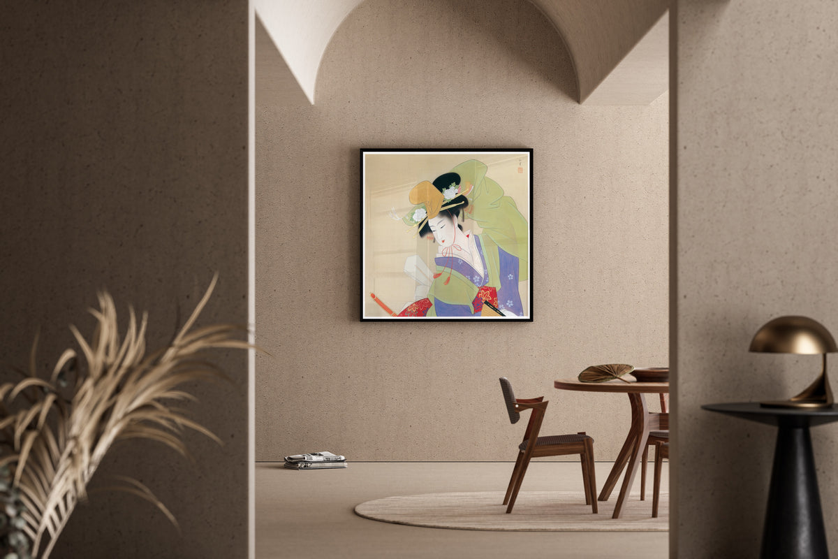 Green Rain (Ryokuu) by Uemura Shōen — shown framed on a wall
