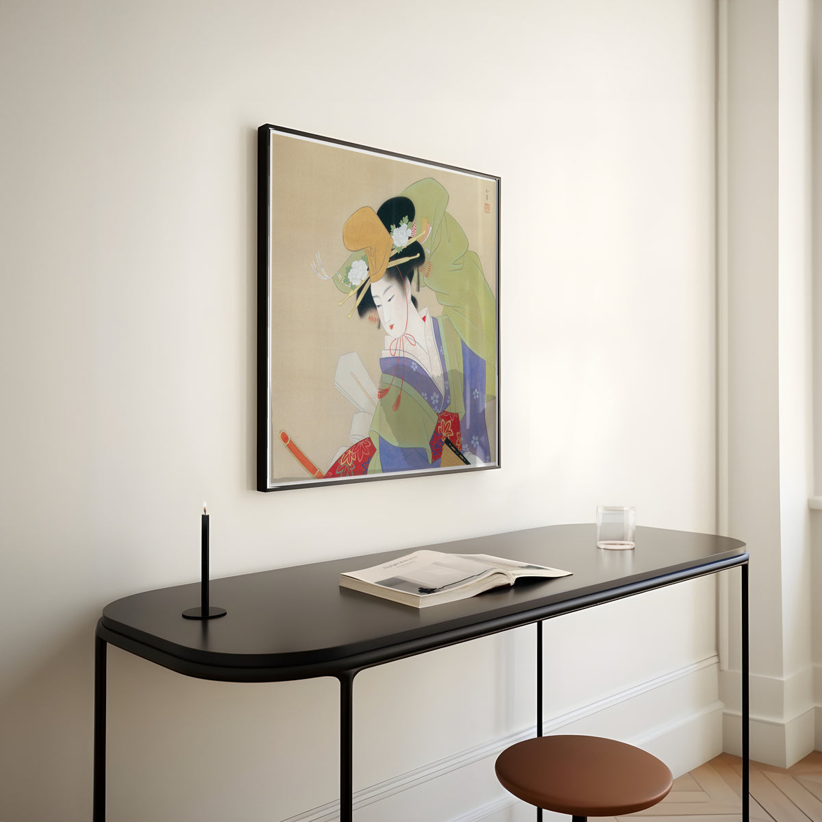 Green Rain (Ryokuu) by Uemura Shōen — shown framed on a wall