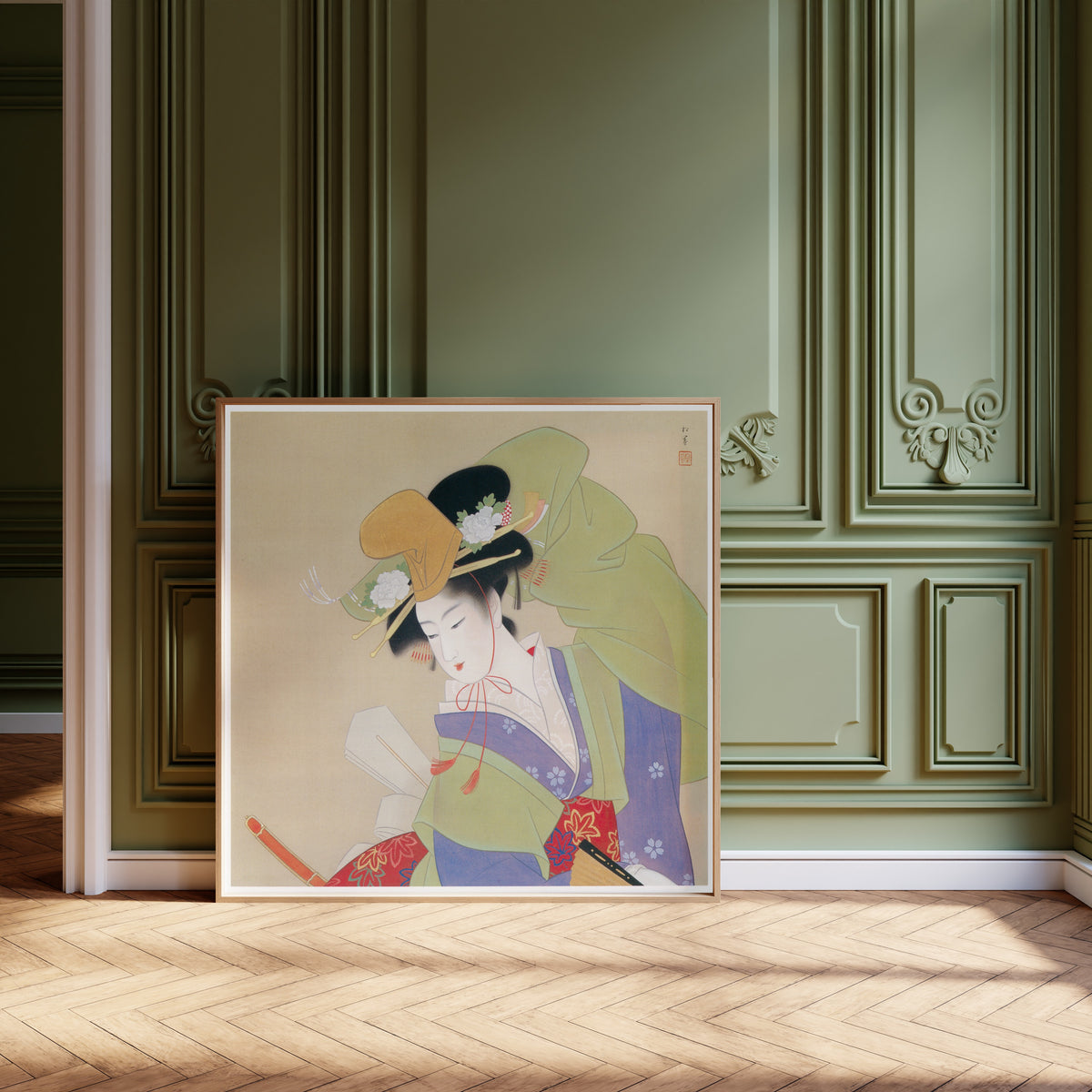 Green Rain (Ryokuu) by Uemura Shōen — shown framed on a wall