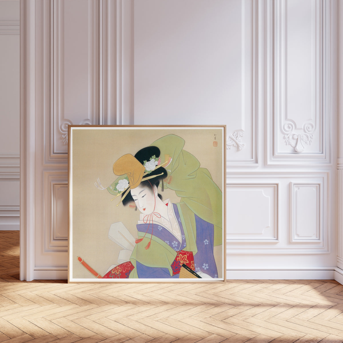 Green Rain (Ryokuu) by Uemura Shōen — shown framed on a wall