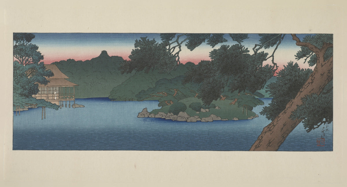 Guest House in the Pines, Mitsubishi Villa at Fukagawa by Kawase Hasui — A pond pavilion seen past a leaning pine
