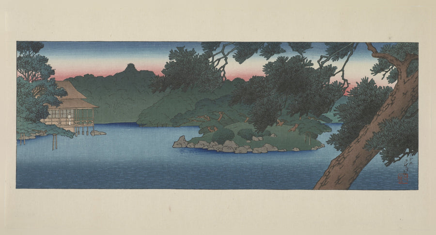 Kawase Hasui — Guest House in the Pines, Mitsubishi Villa at Fukagawa | Japanese Woodblock Print (Shin Hanga) shown to scale on a wall above a sofa