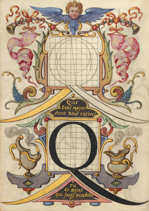 Guide for Constructing the Letter Q by Joris Hoefnagel — A great black Q drawn on a grid between smoking lamps and horns