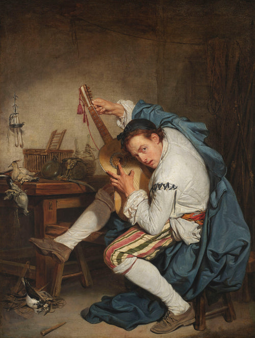 Guitar Player by Jean-Baptiste Greuze — A wide-eyed guitarist twists round his instrument in a cluttered room