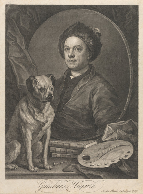 Gulielmus Hogarth by William Hogarth — A painter in a fur cap sits beside his pug, a palette at his side