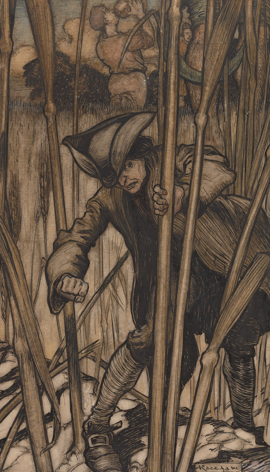 Arthur Rackham — Gulliver Is Struck with Fear | Fairy Tale Illustration Print shown to scale on a wall above a sofa