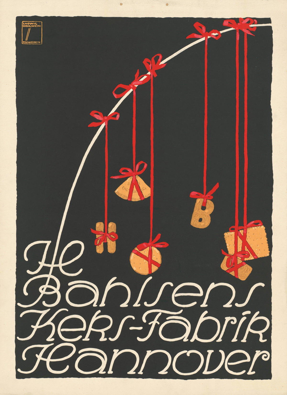 H. Bahlsens Keks-Fabrik, Hannover by Ludwig Hohlwein — Biscuits tied with red ribbon hang from a white arc on black