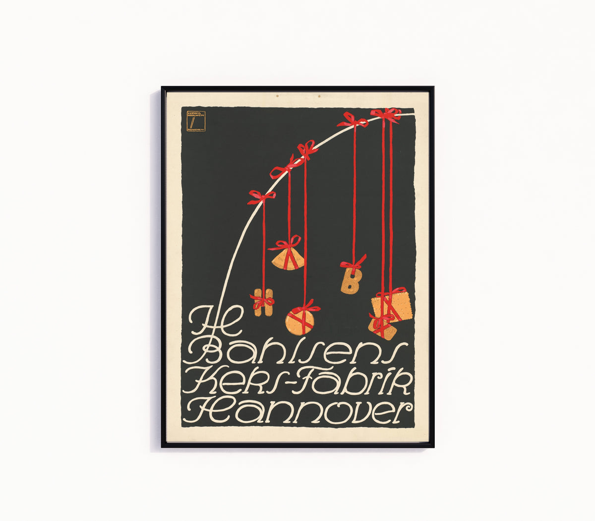 Framed art print of H. Bahlsens Keks-Fabrik, Hannover by Ludwig Hohlwein, in a slim black frame on a plain white wall