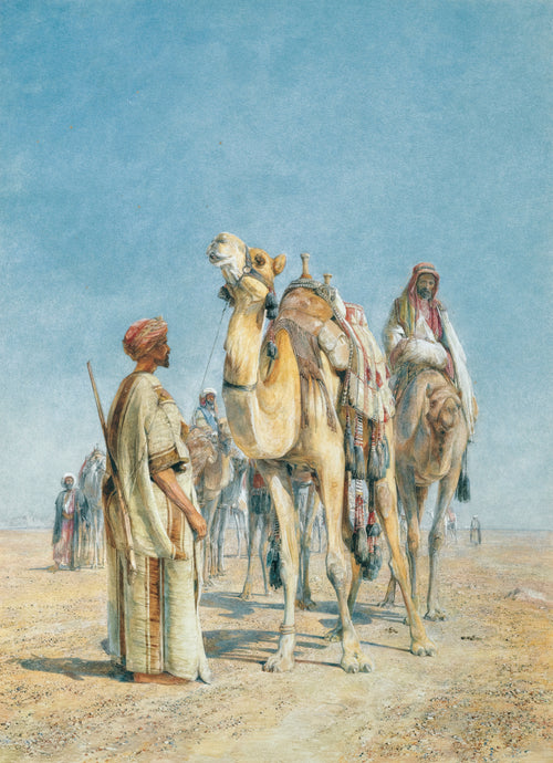 Halt in the Desert by John Frederick Lewis — A caravan halts on stony desert under a wide pale blue sky