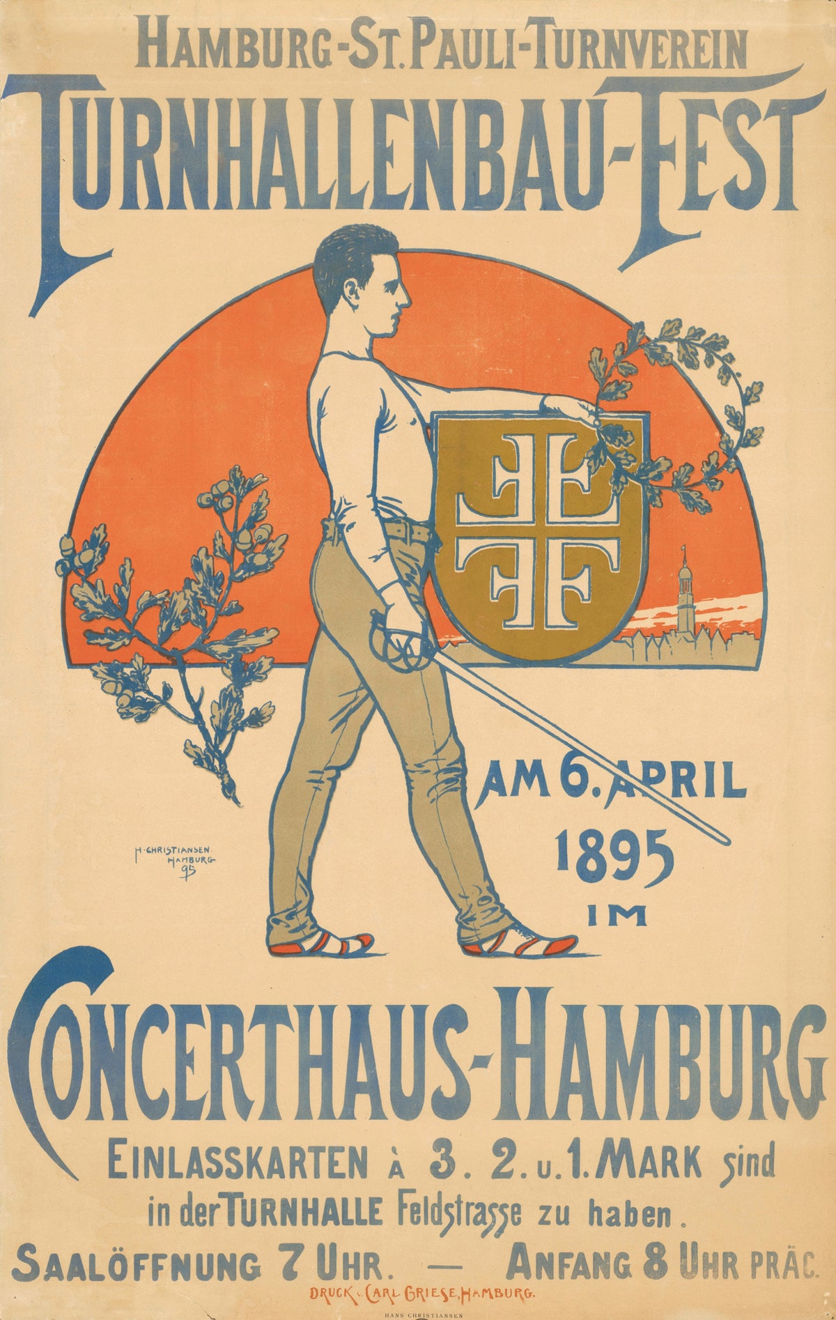 Hamburg-St. Pauli Turnverein: Turnhallenbau-Fest by Hans Christiansen — A young fencer in a white shirt strides past an oak wreath and shield