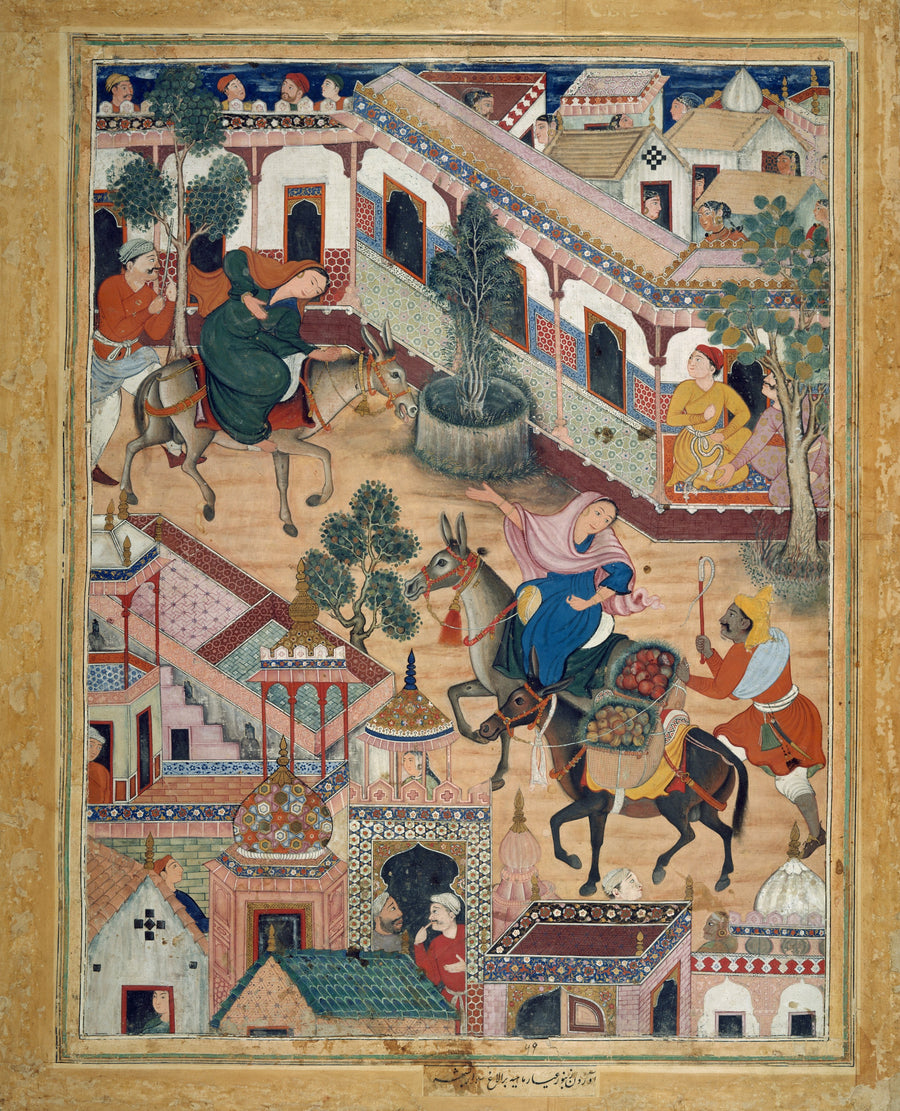 Kesav Das (attributed) and Mah Muhammad (attributed) — Hamzanama: The Spy Zambur Brings Mahiya to the City of Tawariq | Mughal Painting Art Print shown to scale on a wall above a sofa