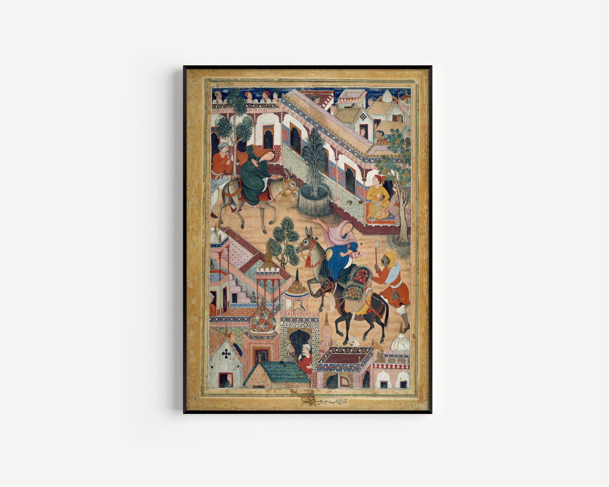 Kesav Das (attributed) and Mah Muhammad (attributed) — Hamzanama: The Spy Zambur Brings Mahiya to the City of Tawariq | Mughal Painting Art Print