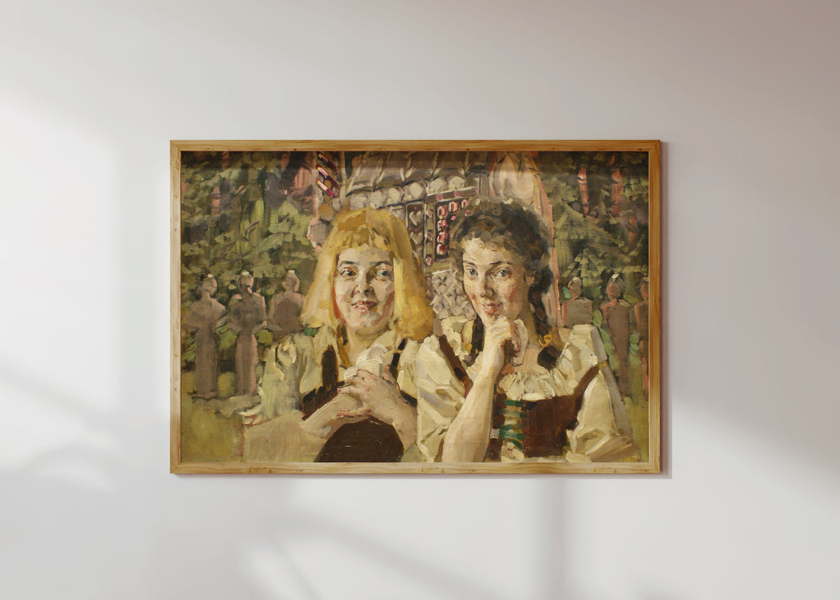 Framed art print of Hansel and Gretel by Mikhail Vrubel, in a light wood frame on a sunlit white wall