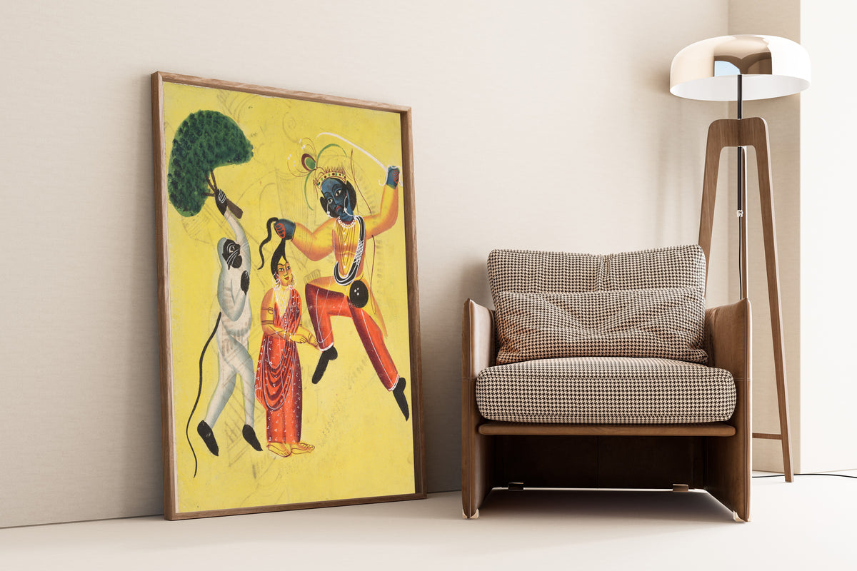 Framed art print of Hanuman Attacks Indrajit Holding an Apparition of Sita by… by Kalighat painter, leaning against a wall beside an armchair and a floor lamp