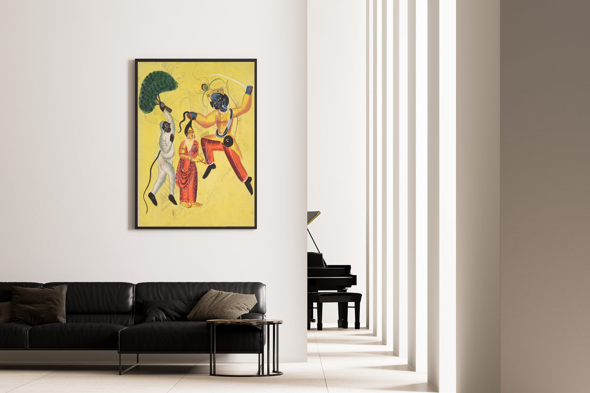 Framed art print of Hanuman Attacks Indrajit Holding an Apparition of Sita by the Hair by Kalighat painter, on the wall of a minimal living room