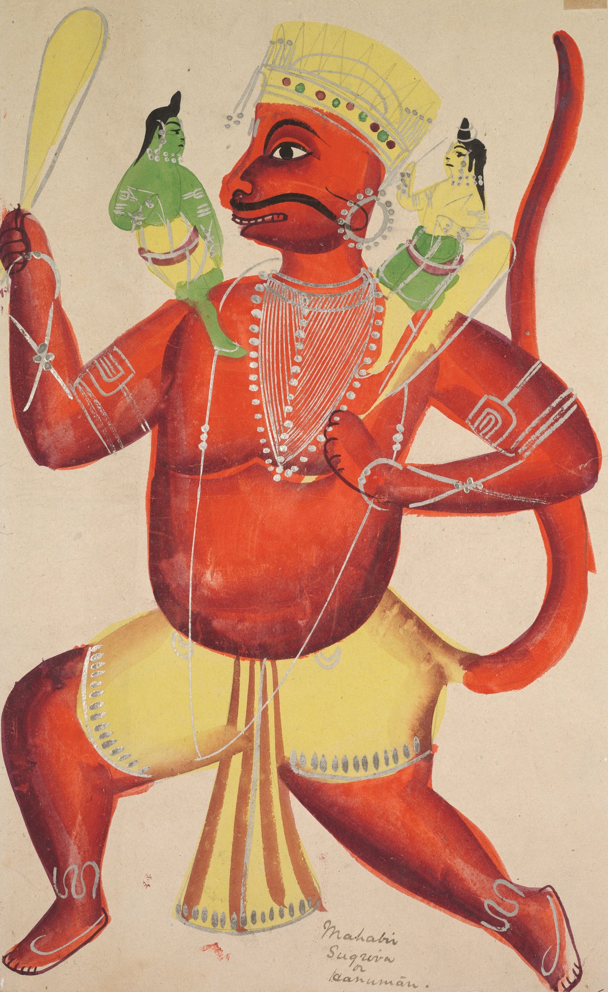 Hanuman with Rama and Lakshmana on his shoulders, from a Kalighat album by Kalighat painter — A red Hanuman strides with a mace, a small figure on each shoulder