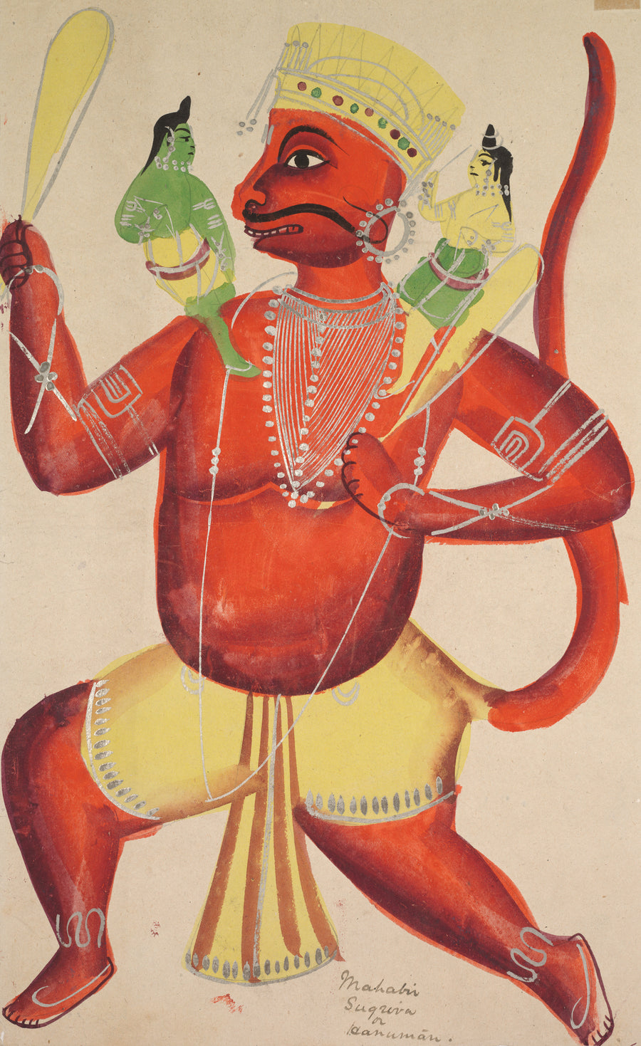 Kalighat painter — Hanuman with Rama and Lakshmana on his shoulders, from a Kalighat album | Kalighat Painting Print shown to scale on a wall above a sofa