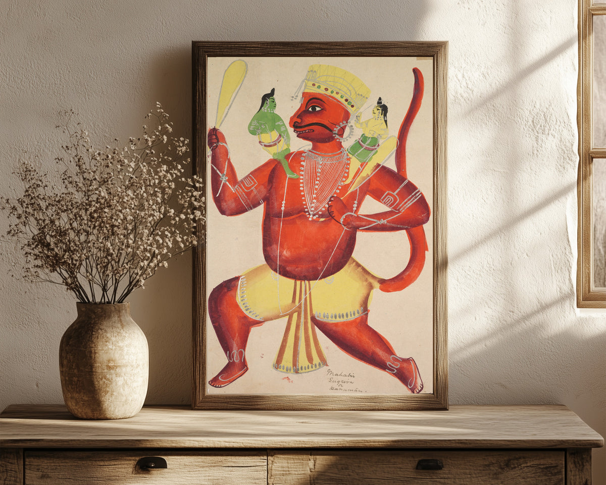 Framed art print of Hanuman with Rama and Lakshmana on his… by Kalighat painter, in a dark wood frame leaning on a rustic console beside dried flowers