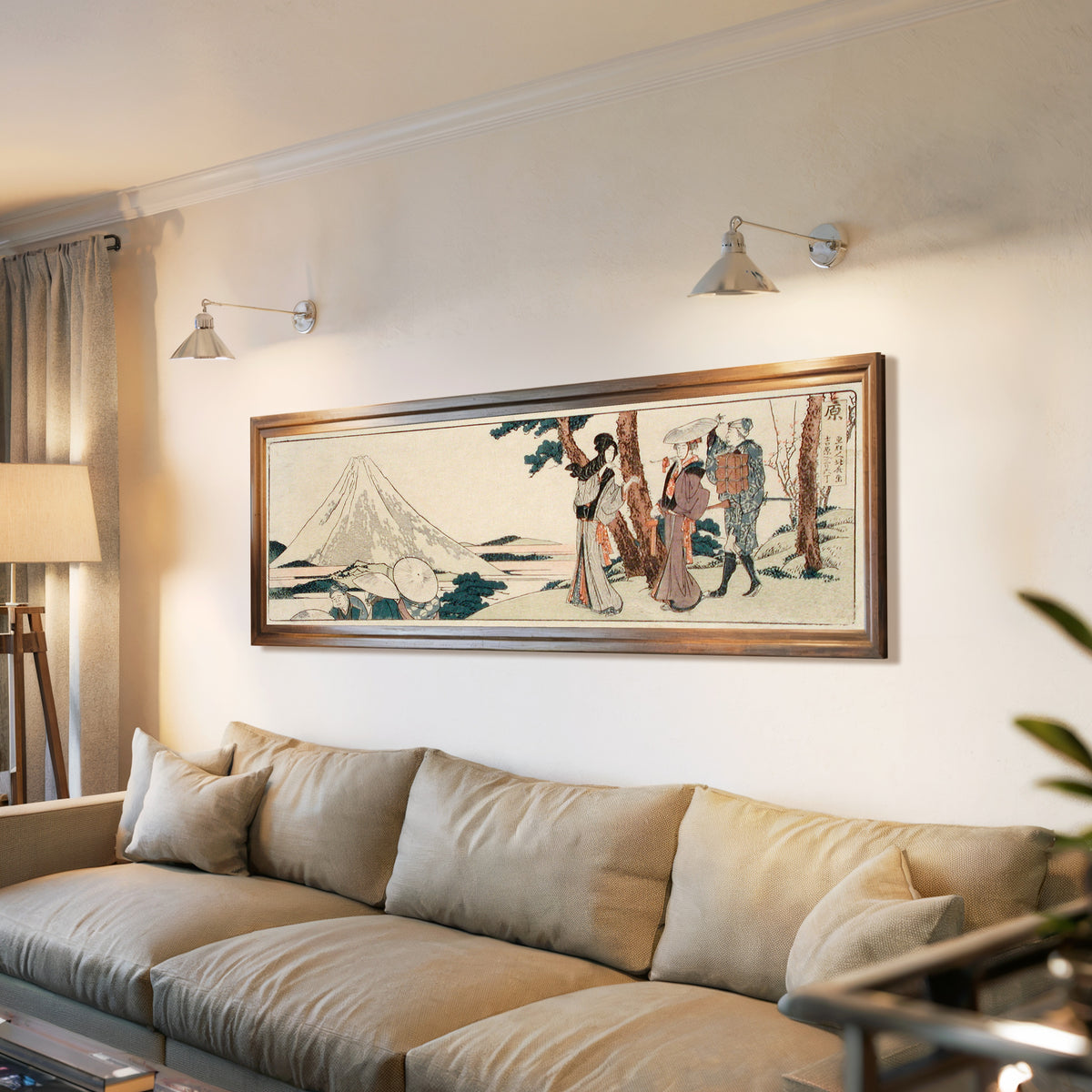 Framed art print of Hara. 3 ri and 6 chō to Yoshiwara by Katsushika Hokusai, above a long sofa with wall lights