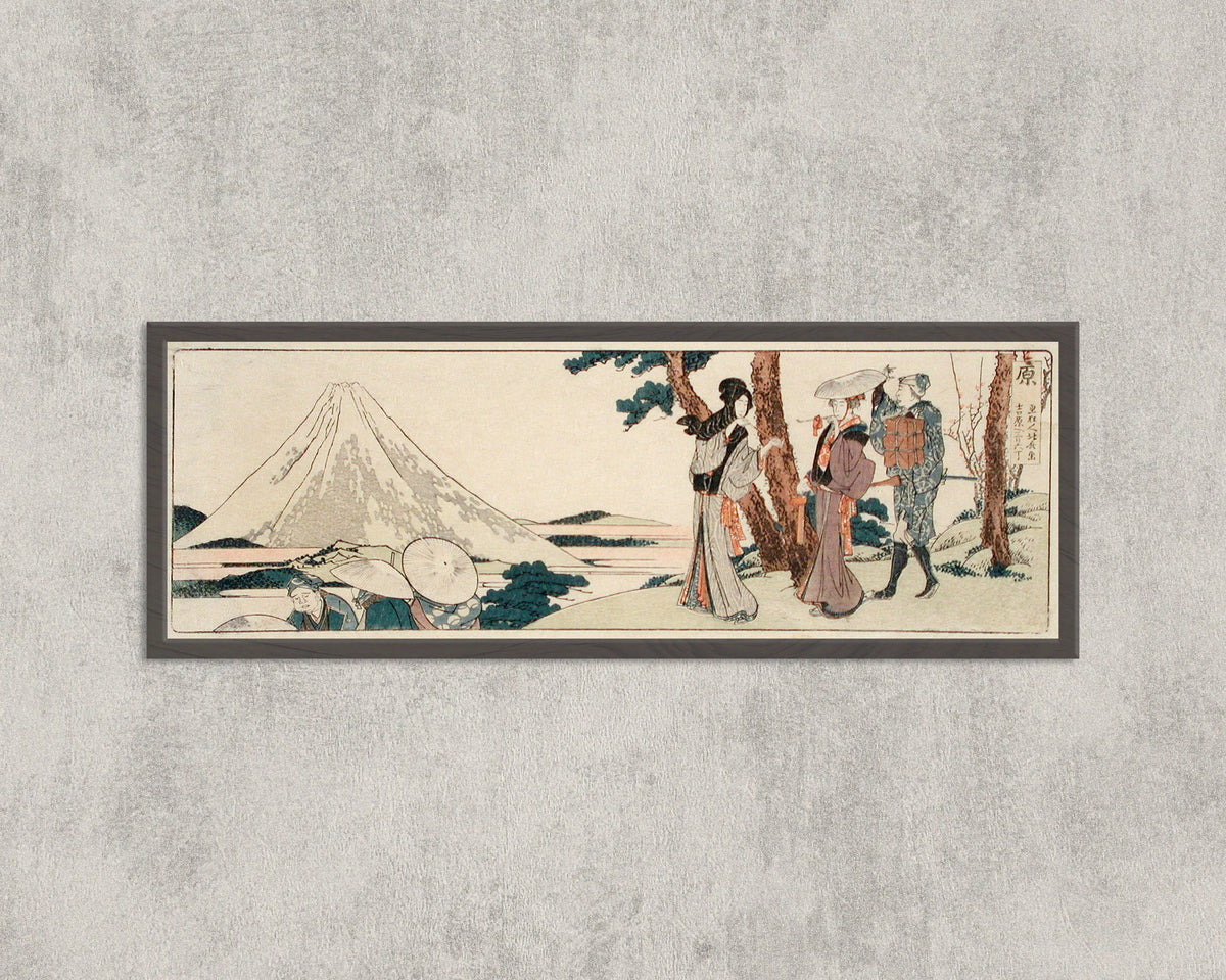 Framed art print of Hara. 3 ri and 6 chō to Yoshiwara by Katsushika Hokusai, in a wide frame on a concrete wall