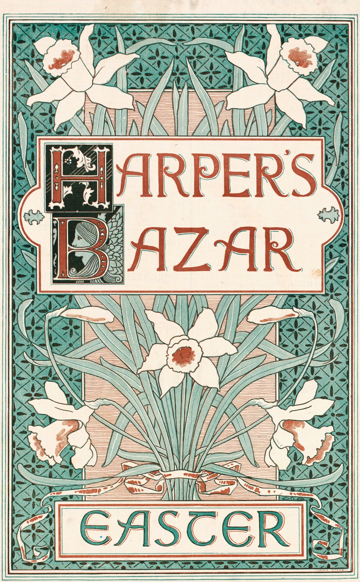 Harper's Bazar, Easter by Louis Rhead — White daffodils tied with a ribbon on a teal lattice ground