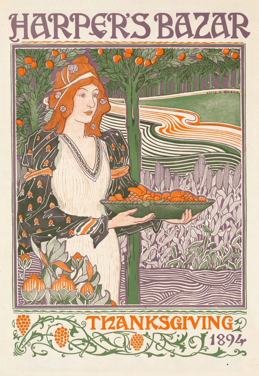 Louis Rhead — Harper’s Bazar, Thanksgiving 1894 | Vintage Thanksgiving Print shown to scale on a wall above a sofa