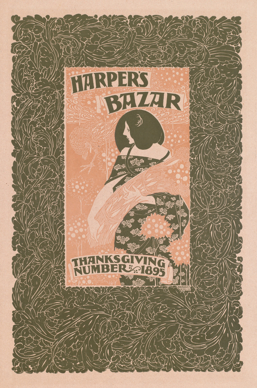 Will Bradley — Harper's Bazar, Thanksgiving Number, 1895 | Vintage Thanksgiving Print shown to scale on a wall above a sofa