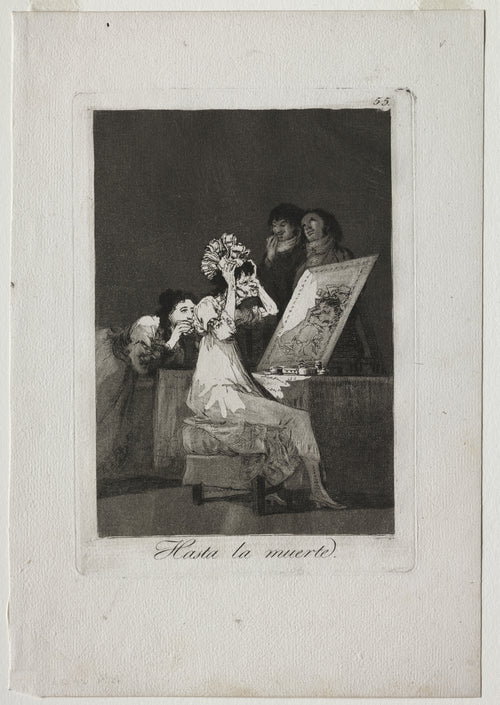 Hasta la muerte (Until Death), Los Caprichos, Plate 55 by Francisco de Goya — An old woman primps at her mirror as onlookers stifle laughter