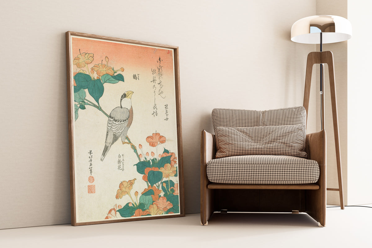 Katsushika Hokusai — Hawfinch and Marvel-of-Peru | Japanese Woodblock Print (Ukiyo-e)