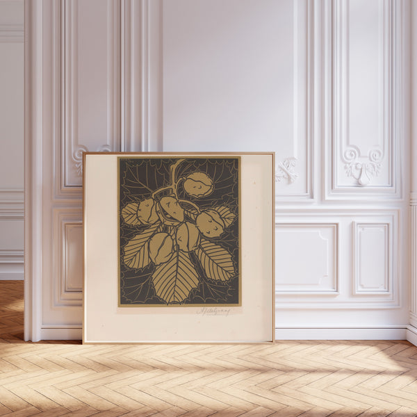 Julie de Graag — Hazelnuts and leaves | Woodcut Print