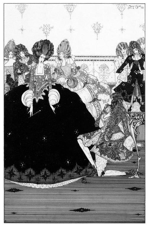 He Takes the Gift with Reverence and Extends by Harry Clarke — A kneeling man offers a gift to a woman in a vast black gown