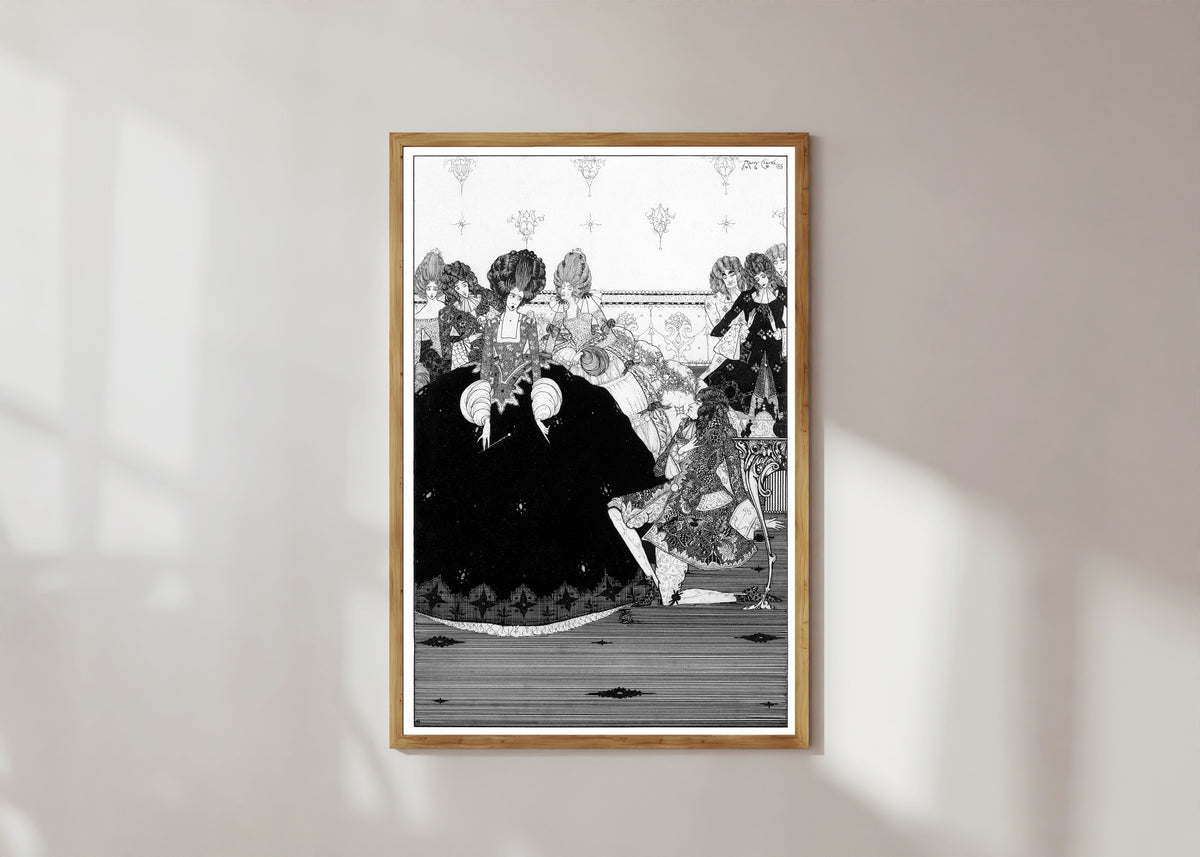 Framed art print of He Takes the Gift with Reverence and Extends by Harry Clarke, in a light wood frame on a sunlit white wall