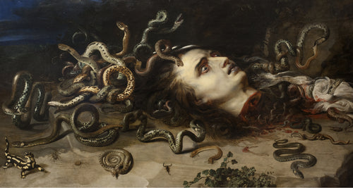 Head of Medusa by Peter Paul Rubens — Snakes coil and writhe around the head of Medusa on a rocky ledge