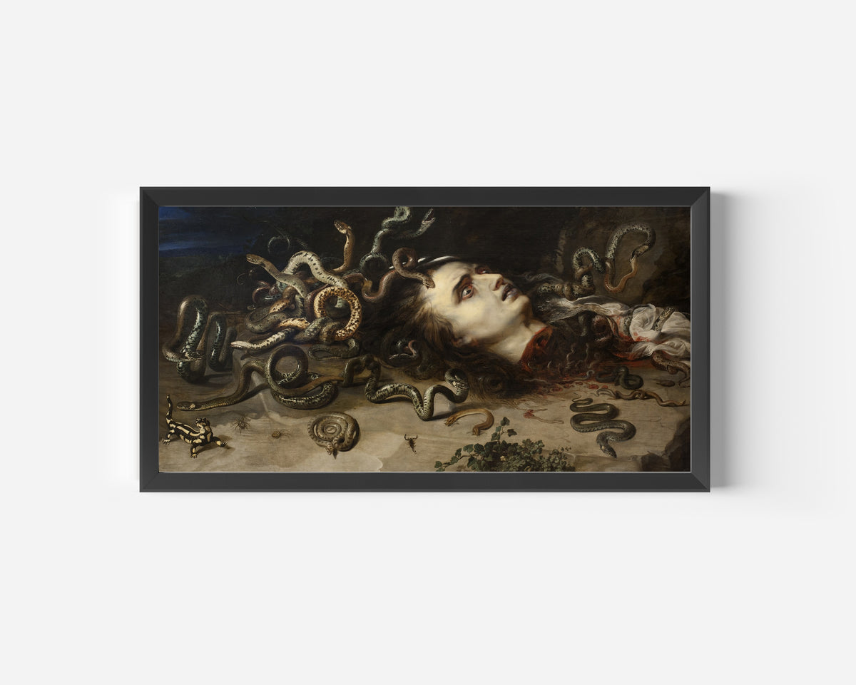 Framed art print of Head of Medusa by Peter Paul Rubens, in a wide black frame on a plain white wall