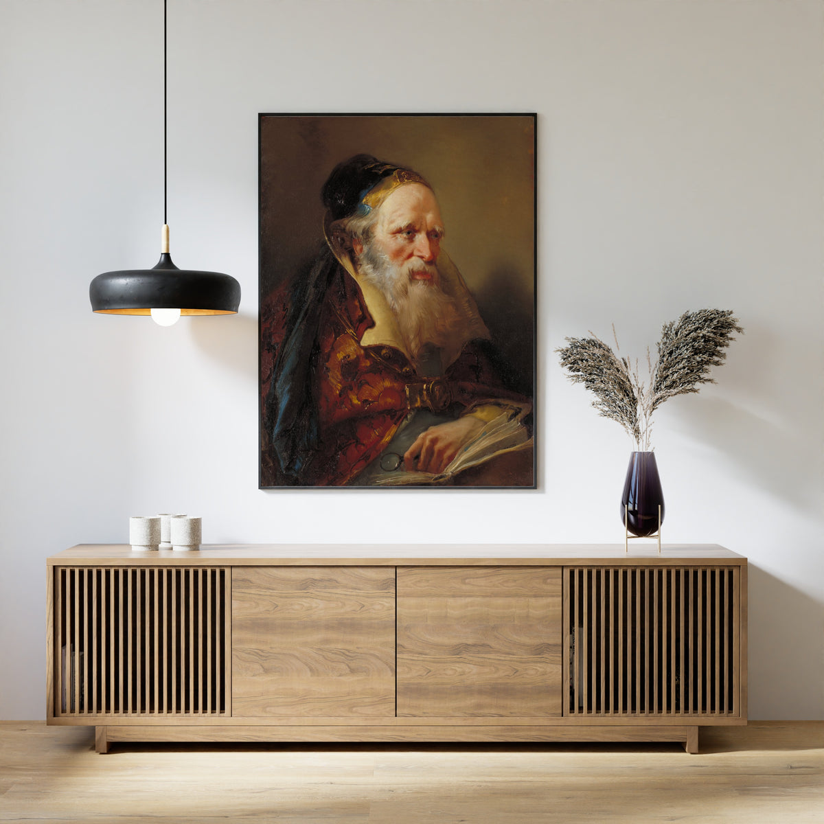 Head of a Philosopher by Giovanni Battista Tiepolo — framed above a slatted wood sideboard