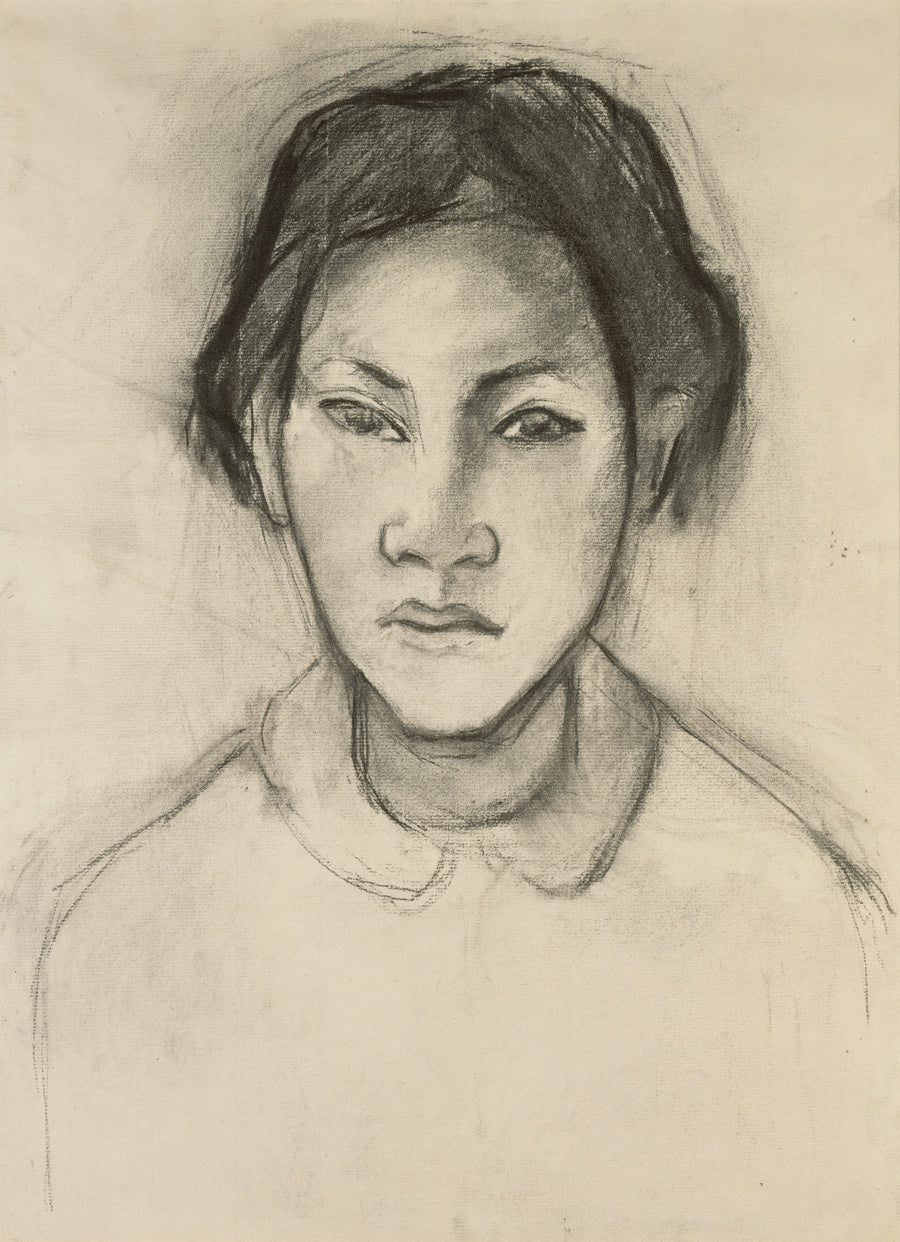 Paul Gauguin — Head of a Tahitian Woman (Rounded Collar) | Fine Art Print shown to scale on a wall above a sofa