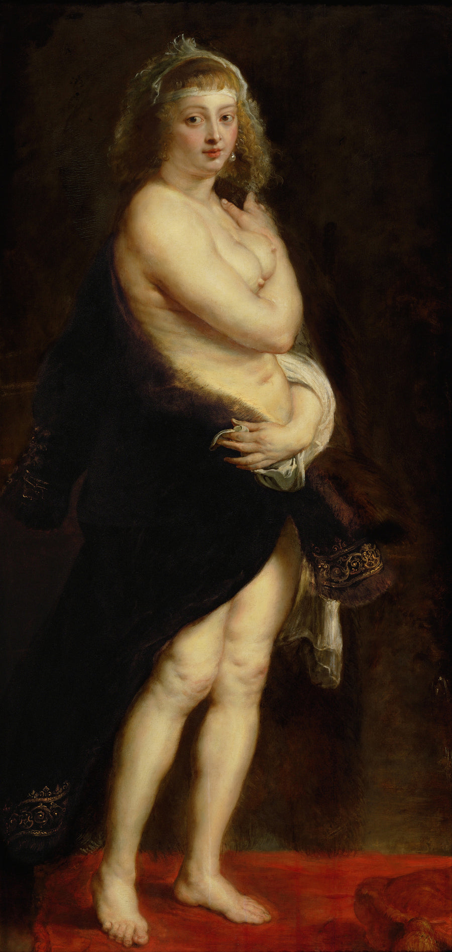 Peter Paul Rubens — Helena Fourment in a Fur Robe | Fine Art Print shown to scale on a wall above a sofa