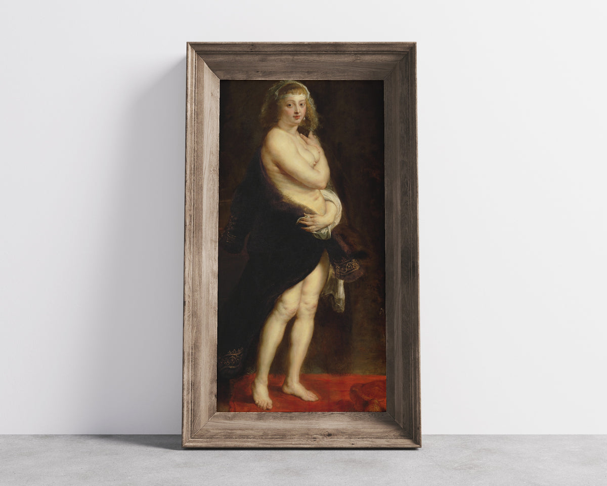 Framed art print of Helena Fourment in a Fur Robe by Peter Paul Rubens, in a wide wooden frame leaning against a concrete wall
