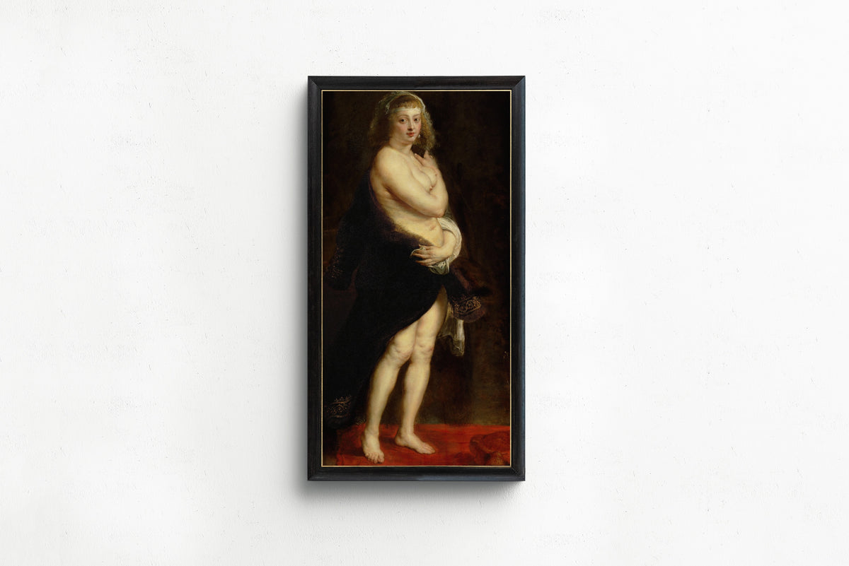 Framed art print of Helena Fourment in a Fur Robe by Peter Paul Rubens, in a slim black frame on a plain white wall