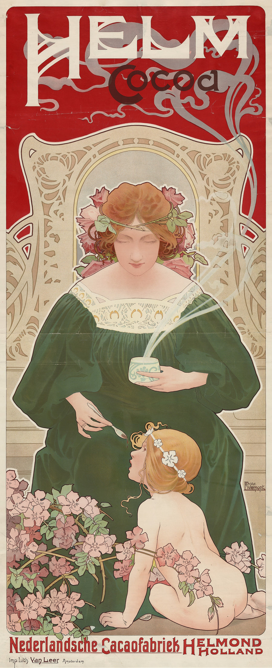 Henri Privat-Livemont — Helm Cocoa | Vintage Poster Print shown to scale on a wall above a sofa