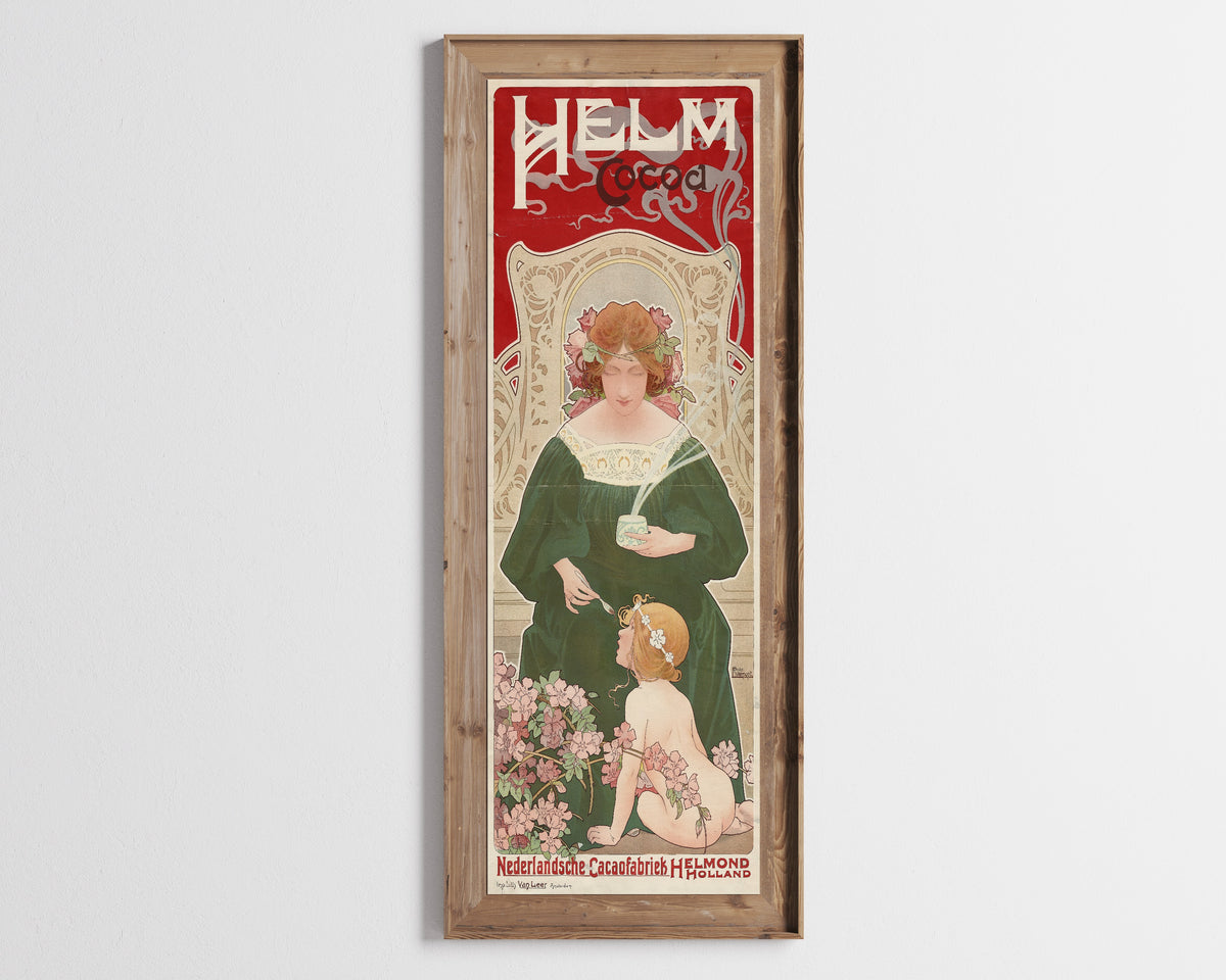 Framed art print of Helm Cocoa by Henri Privat-Livemont, in a tall wooden frame on a pale wall
