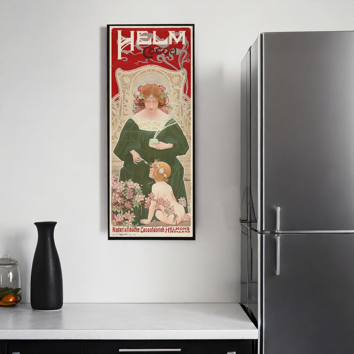 Framed art print of Helm Cocoa by Henri Privat-Livemont, on a kitchen wall