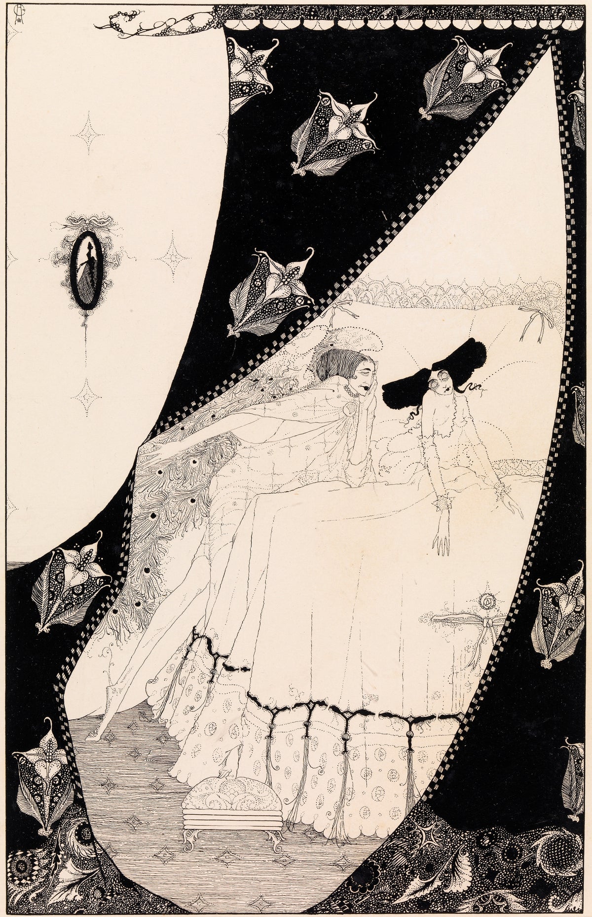 Her Guardian Sylph Prolonged the Happy Rest by Harry Clarke — Two women rest in a canopy bed behind black curtains