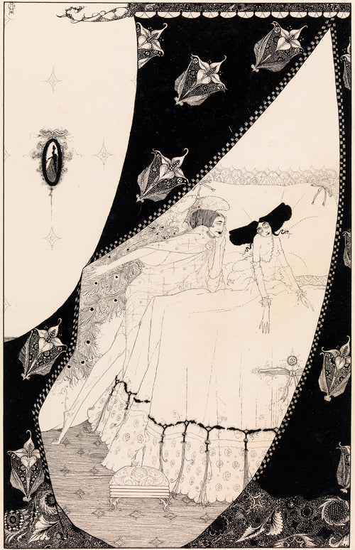 Her Guardian Sylph Prolonged the Happy Rest by Harry Clarke — Two women rest in a canopy bed behind black curtains