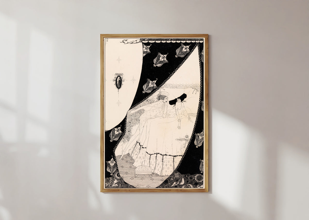 Framed art print of Her Guardian Sylph Prolonged the Happy Rest by Harry Clarke, in a light wood frame on a sunlit white wall
