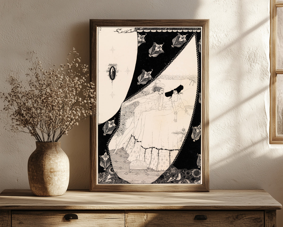 Framed art print of Her Guardian Sylph Prolonged the Happy Rest by Harry Clarke, in a dark wood frame leaning on a rustic console beside dried flowers