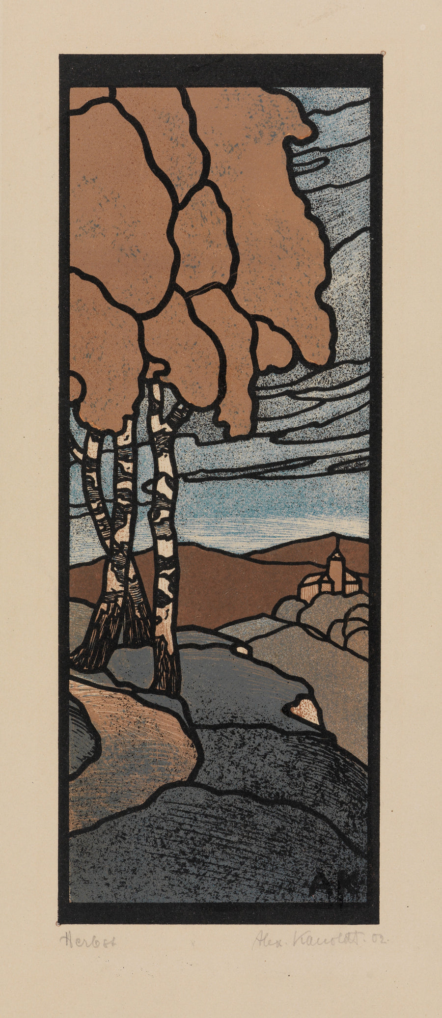 Alexander Kanoldt — Herbst | Woodcut Print shown to scale on a wall above a sofa