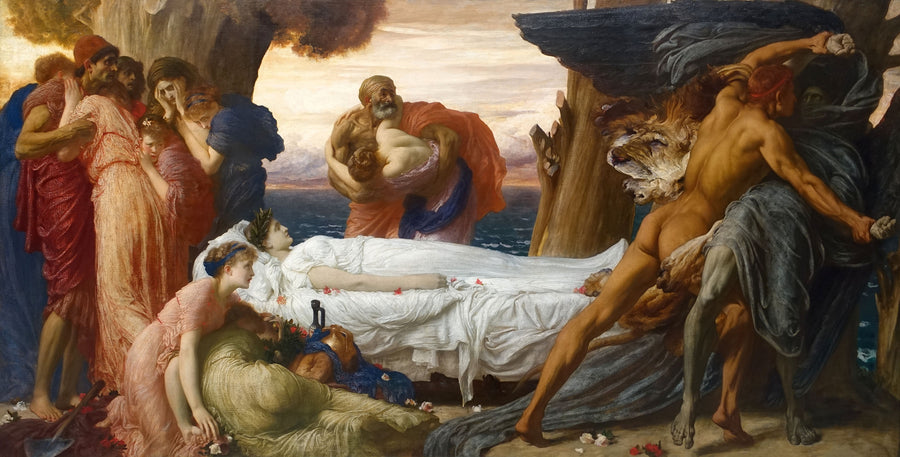 Frederic Leighton — Hercules Wrestling with Death for the Body of Alcestis | Art Print shown to scale on a wall above a sofa